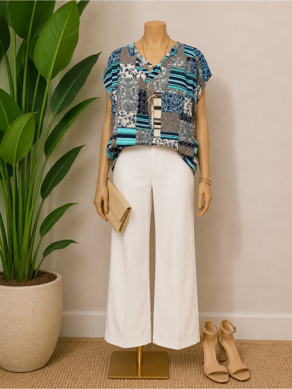 CJ Banks Teal and Navy Patchwork V-Neck Blouse